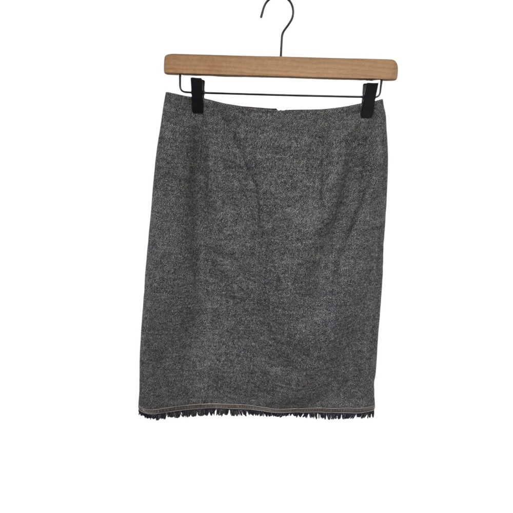 Indivi Gray Tweed Pencil Skirt Frayed Hem Wool Blend Size 38 Office Professional